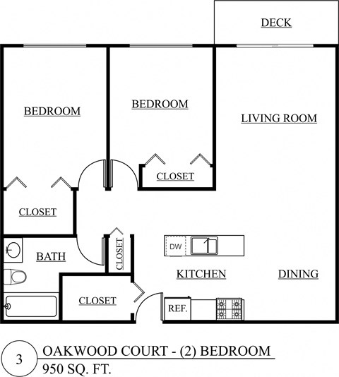 Floor plan for 2 beds, 1 bath, 950 sqft